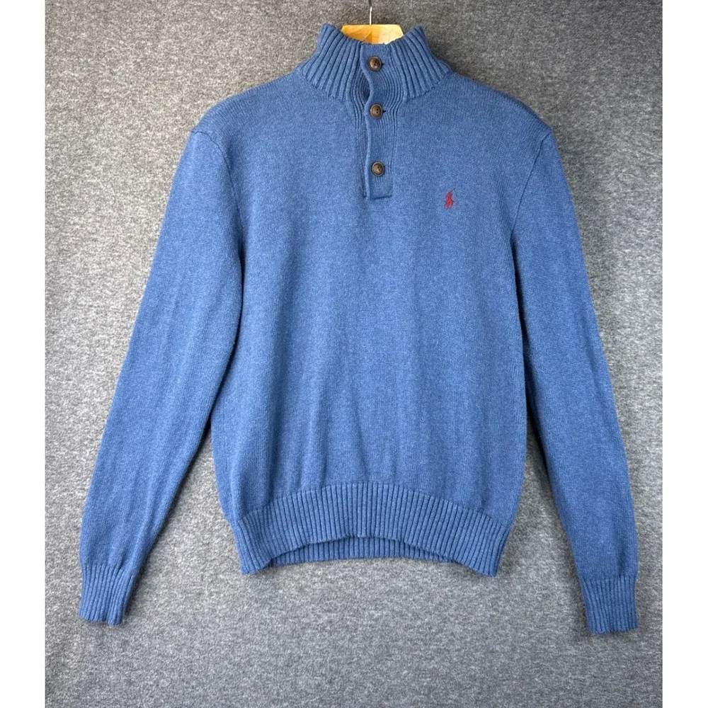 Polo Ralph Lauren Blue Cotton Mock Neck 3 Button Pullover Sweater Men M Academia